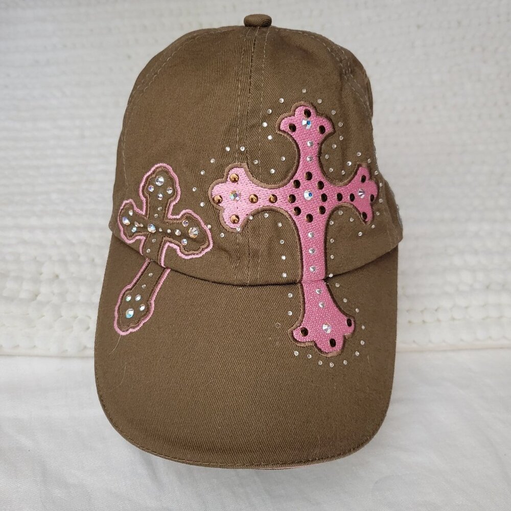 M&F Western Baseball Hat Women's Bling Cross Glam Chic Brown Shiny rhinestones